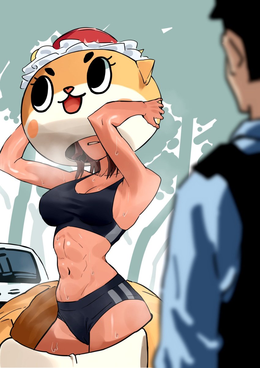 1boy 1girls abs athletic athletic_female chiitan color dingotoad faceless_character funny humor mascot mascot_costume outdoors outside police police_officer police_uniform sports_bra steam steaming_body sweat sweatdrop tomboy undressing