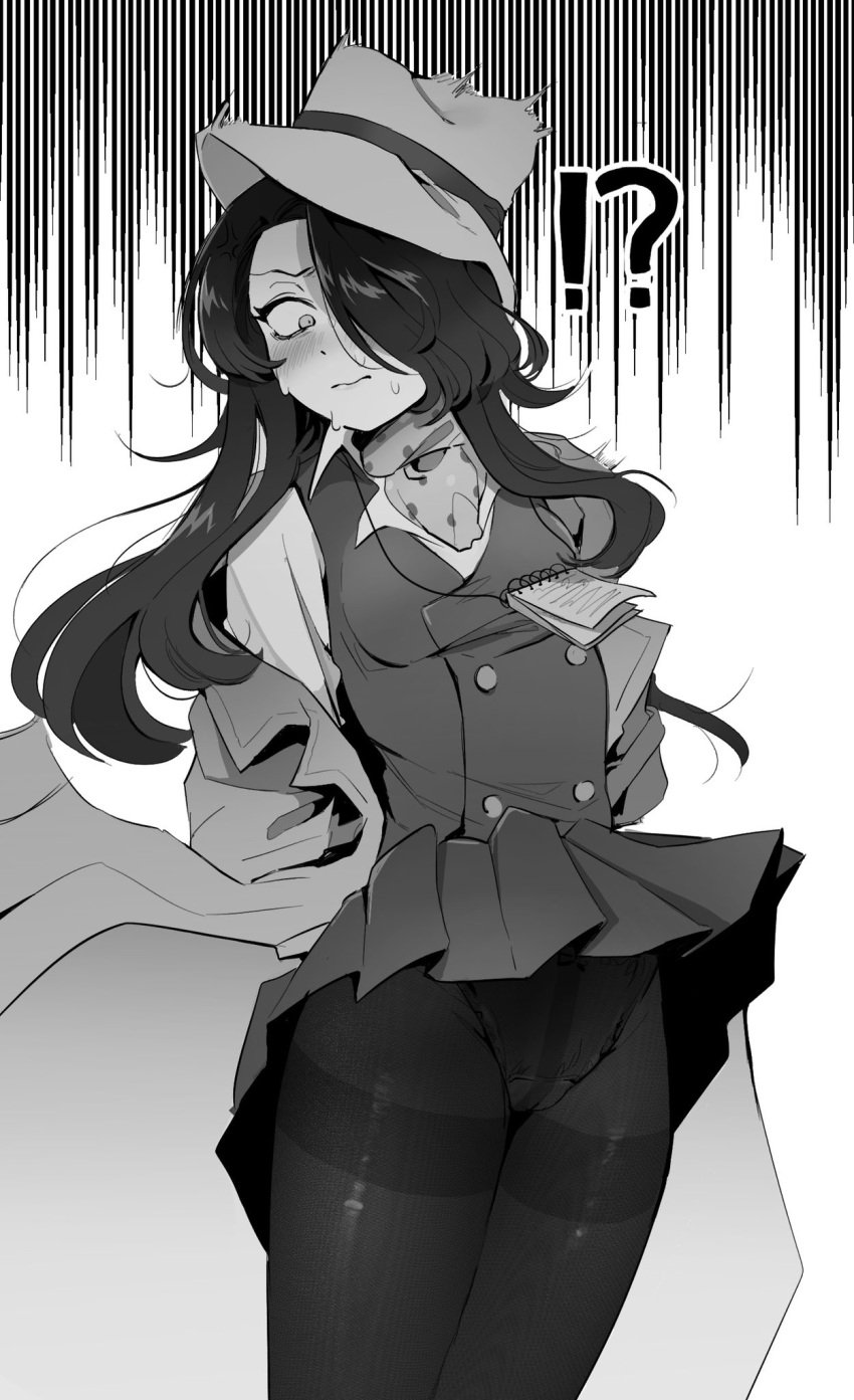 !? black_and_white blush clothed danganronpa danganronpa_another embarrassed fanganronpa female_focus female_only flustered fully_clothed gema_(artist) gemamamaa genderswap_(mtf) hair_over_one_eye monochrome panties rule_63 sdra2 skirt skirt_lift super_danganronpa_another_2 sweat tagme yomiuri_nikei