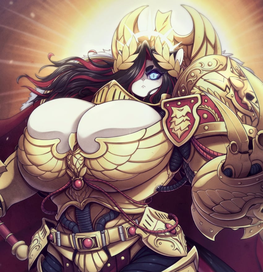 1girls anthro armor big_breasts black_hair blue_eyes cosplay crossover domestic_cat felid feline female female_only god-emperor_of_mankind gold_(metal) gold_armor hair_over_one_eye huge_breasts imperium_of_man long_hair looking_at_viewer nikki_(secretly_saucy) red_hair rule_63 secretly_saucy slit_pupils solo sword thick_thighs two_tone_hair very_high_resolution warhammer_(franchise) warhammer_40k