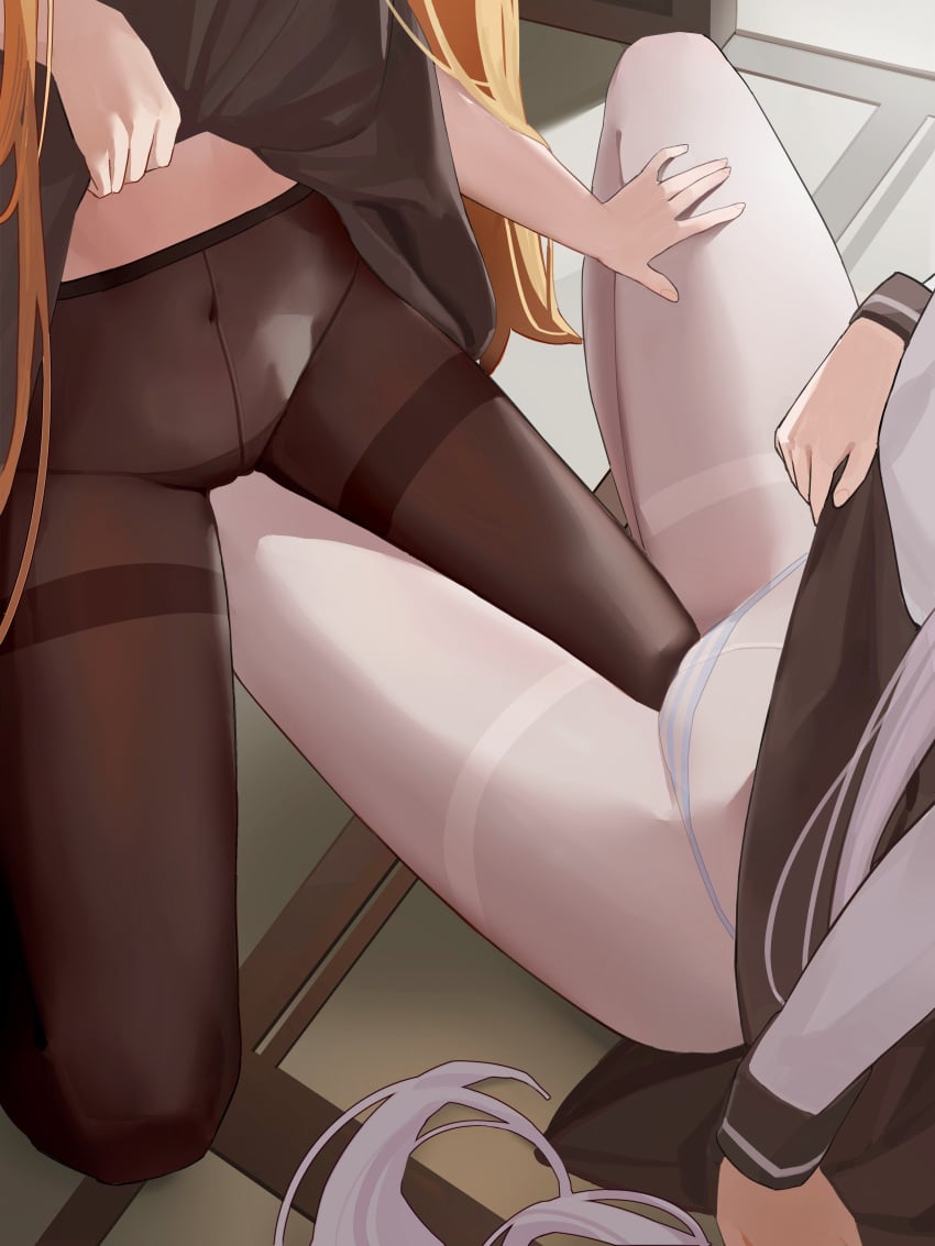 2girls absurdres black_pantyhose blonde_hair clothes_lift female female_masturbation female_only highres light-skinned_female light_skin masturbation multiple_girls navel niliu_chahui original panties pantyhose school_uniform serafuku sitting thighs tokisaki_asaba tokisaki_asaba_(niliu_chahui) tokisaki_mio tokisaki_mio_(niliu_chahui) underwear white_hair yuri