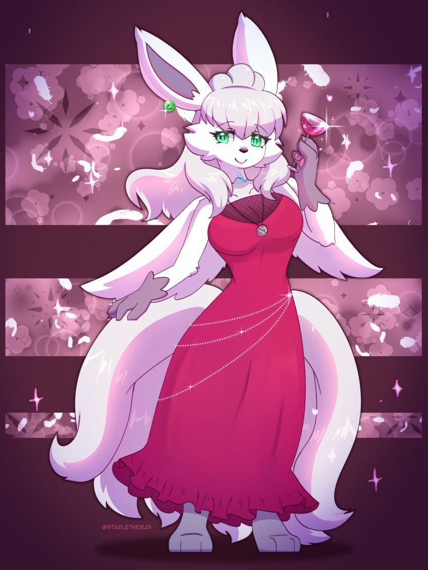 1girl alcohol alcoholic_drink amulet dress drink ear ears_up green_eyes laiba_(starlightnexus) long_dress pokemon pokemon_(species) red_dress smile starletnexus starlight_nexus tail vulpix white_hair