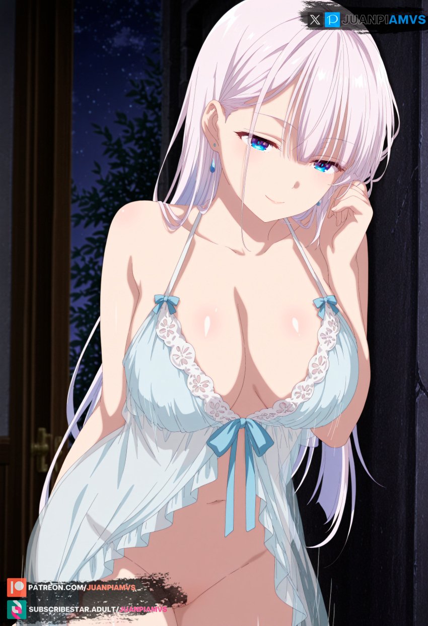 ai_generated big_breasts blue_eyes female juanpiamvs lingerie long_hair patreon patreon_username riselia_ray_crystalia seiken_gakuin_no_maken_tsukai silver_hair standing subscribestar subscribestar_username watermark