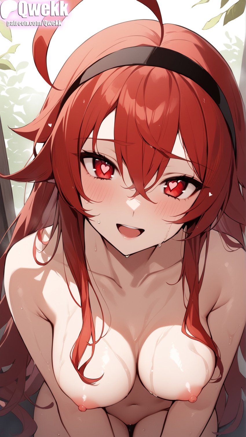 1girls ai_generated blush breasts eris_greyrat female female_only heart-shaped_pupils human light-skinned_female light_skin long_hair looking_at_viewer medium_breasts mushoku_tensei mushoku_tensei:_isekai_ittara_honki_dasu naked naked_female nipples open_mouth patreon qwekk red red_eyes smile smiling solo stable_diffusion sweat top_view wet wet_body