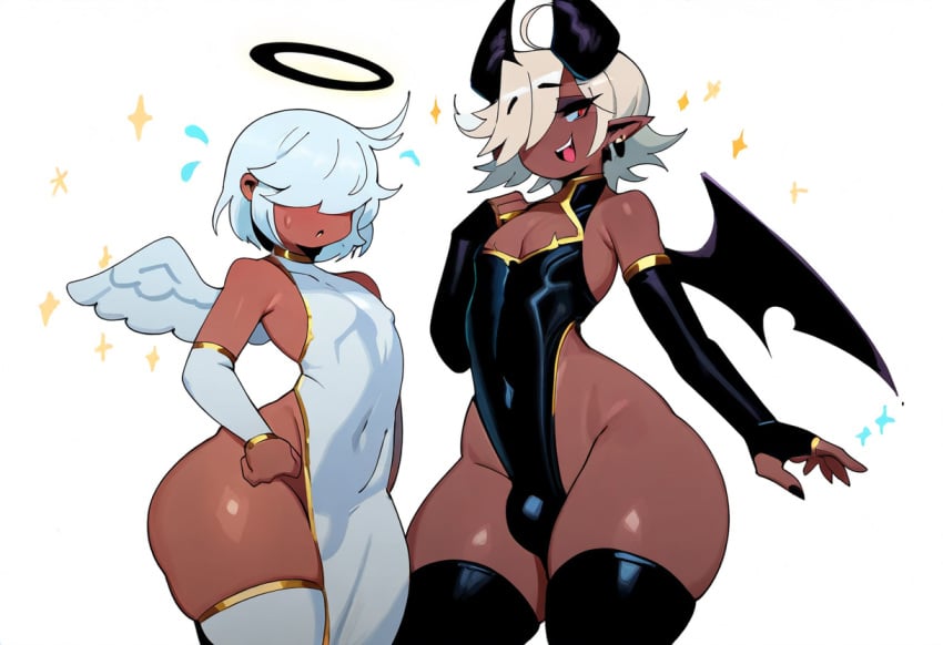 2boys ai_generated alriel angel angel_wings bulge dark-skinned_femboy dark-skinned_male dark_skin demon demon_horns demon_tail femboy hair_over_eyes halo leotard male/male male_only mullon no_panties novelai revealing_clothes simple_background sissy smile trap voluptuous wide_hips