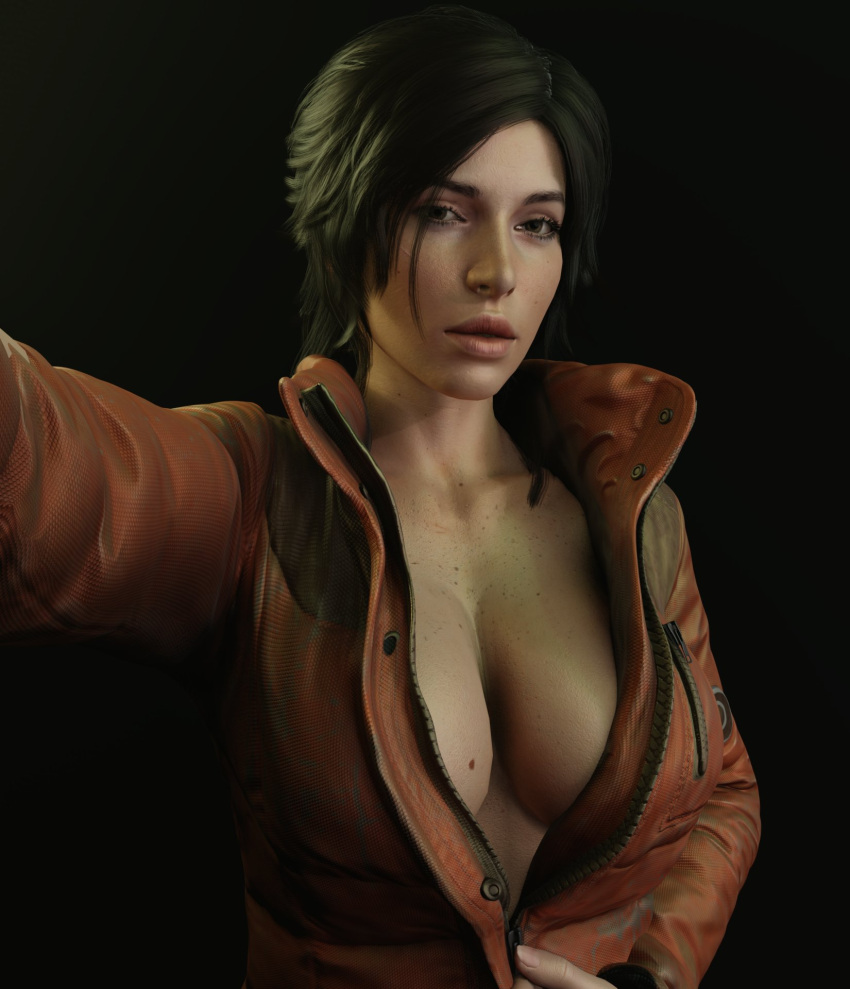 3d beauty_mark big_breasts breasts brown_eyes brown_hair busty cleavage coat female female_only hourglass_figure lara_croft lara_croft_(survivor) large_breasts long_hair open_coat ponytail selfie tagme tomb_raider tomb_raider_(survivor) udon_noodle3d unzipped unzipped_jacket