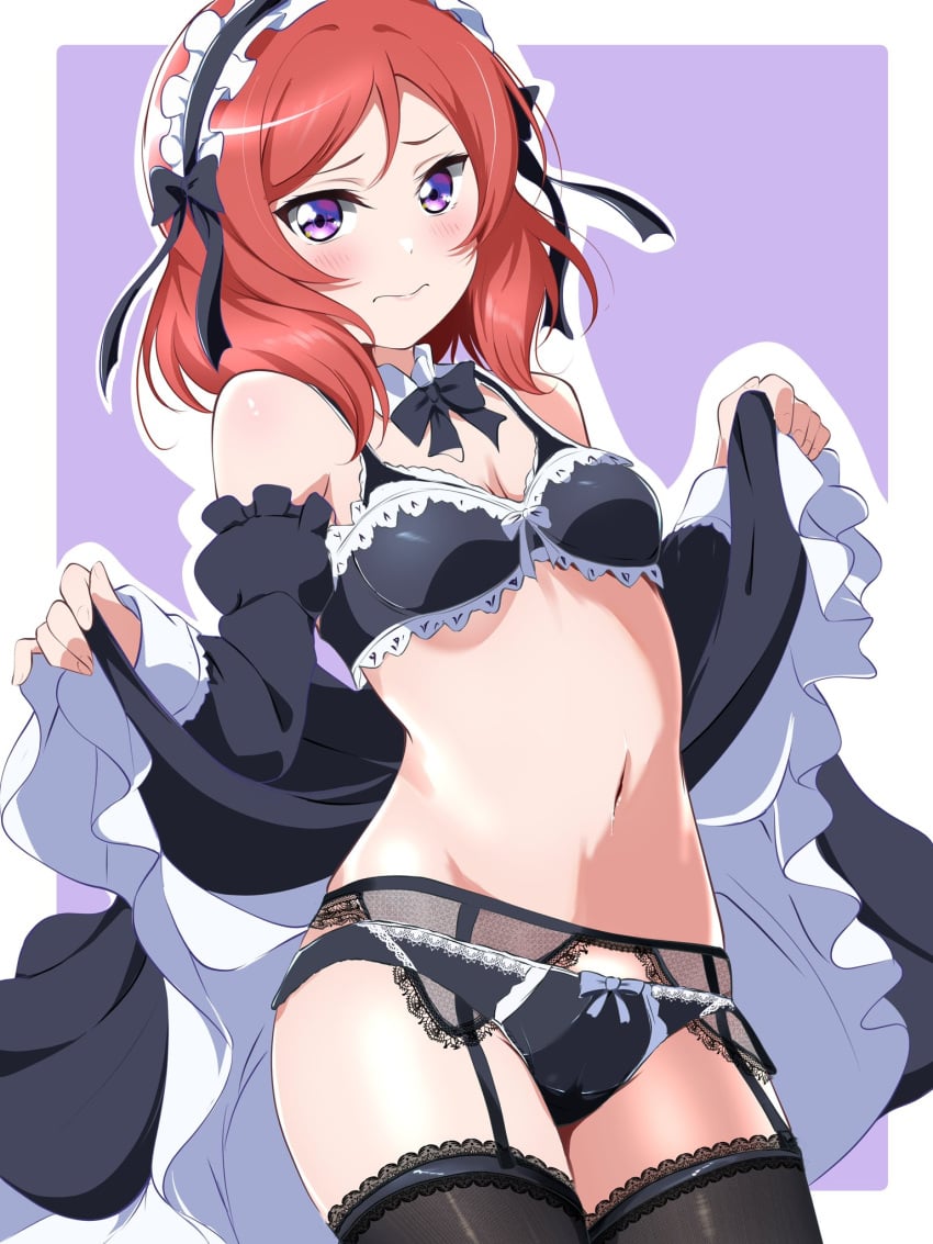 1girls borgbutler breasts cleavage embarrassed female female_only garter_straps gothic_lolita highres lolita_fashion looking_at_viewer love_live! love_live!_school_idol_project maid medium_hair nishikino_maki purple_eyes red_hair revealing_clothes small_breasts solo standing stockings thighhighs