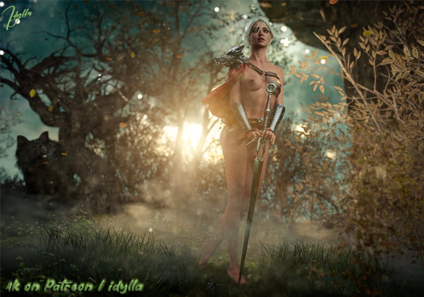 1girls 3d 3d_(artwork) abs areolae armor breasts cd_projekt_red ciri cloak detailed_background facial_scar female female_focus female_only green_eyes hi_res high_resolution idylla nipples scar solo solo_female solo_focus sword the_witcher_(series) the_witcher_3:_wild_hunt white_hair