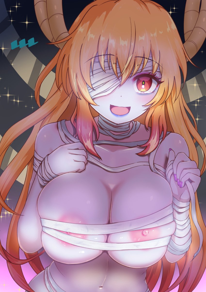 1girls blonde_hair breasts_pressed_together dragon_humanoid female halloween halloween_costume horns huge_breasts kobayashi-san_chi_no_maidragon large_breasts looking_at_viewer miss_kobayashi's_dragon_maid mummy_wrappings ozrereresan smile solo tohru_(dragon_maid) upper_body