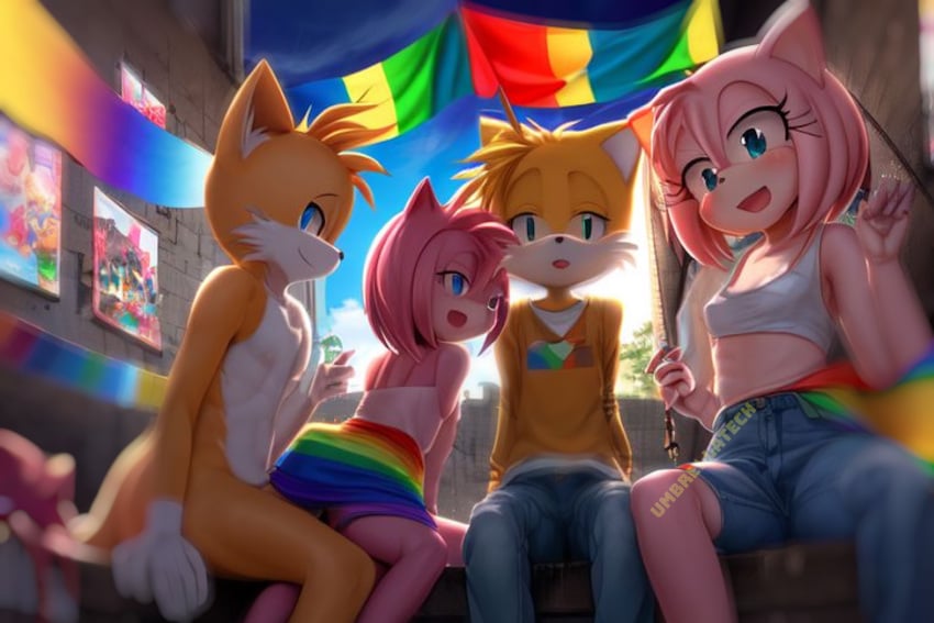 ai_generated amy_rose anal anal_sex anus male male/female miles_tails_prower pride_color_flag pride_colors pride_flag sex sonic_(series) sonic_the_hedgehog_(series) tails_the_fox umbrellatech uncensored