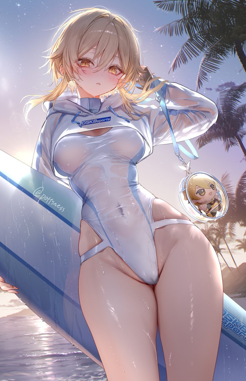 aether_(genshin_impact) alternate_costume beach black_gloves blonde_hair blush breasts female genshin_impact gloves hair_between_eyes highleg_swimsuit hood looking_at_viewer lumine_(genshin_impact) medium_breasts nipple_bulge nipples_visible_through_clothing ocean one-piece_swimsuit palm_tree parted_lips pottsness see-through_swimsuit sky wet yellow_eyes