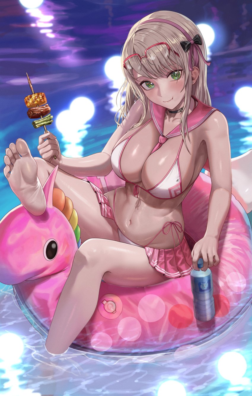 1girls alternate_breast_size barefoot bikini breasts feet female goddess_of_victory:_nikke green_eyes large_breasts light-skinned_female light_skin long_hair neon_(blue_ocean)_(nikke) neon_(nikke) silvertsuki soles white_hair