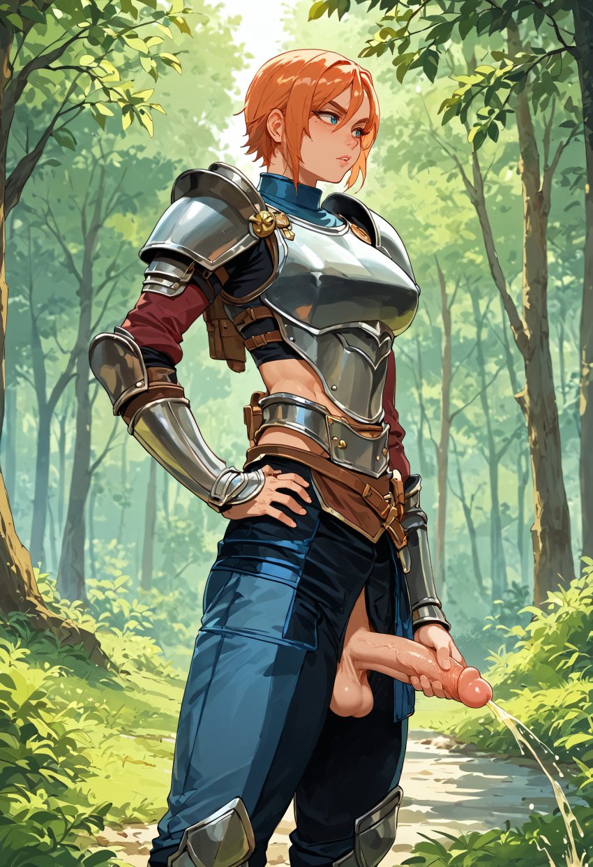 1futa ai_generated armor blue_eyes forest forest_background futanari holding_penis looking_away open_mouth orange_hair peeing peeing penis self_upload stable_diffusion testicles theskyisalwaysbeautiful