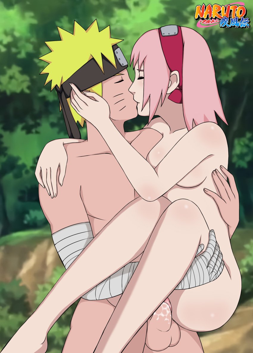 1boy 1girls bandaged_arm blonde_hair blush closed_eyes cum cum_in_pussy cum_inside female headband human jack_.mery kissing male naruto naruto_shippuden nude nude_female nude_male outdoors pink_hair romantic_sex sakura_haruno sex stand_and_carry_position uzumaki_naruto vaginal_penetration