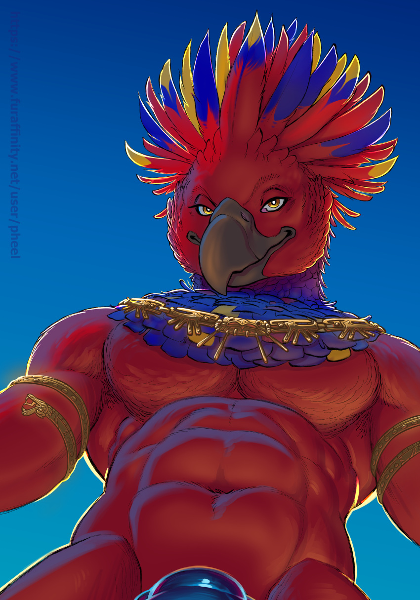 abs absurd_res anthro armwear avian aztec beak biceps bird clothing digital_media_(artwork) erection feathered_crest feathers fellatio first_person_view genitals gold_(metal) gold_jewelry head_crest hi_res jewelry knot looking_at_viewer male montezuma_(darkdragonind1998) muscular muscular_anthro muscular_male mythological_avian mythological_creature mythology necklace nude oral oral_penetration pecs penetration penile penis pheel pov_blowjob sex simple_background smile solo