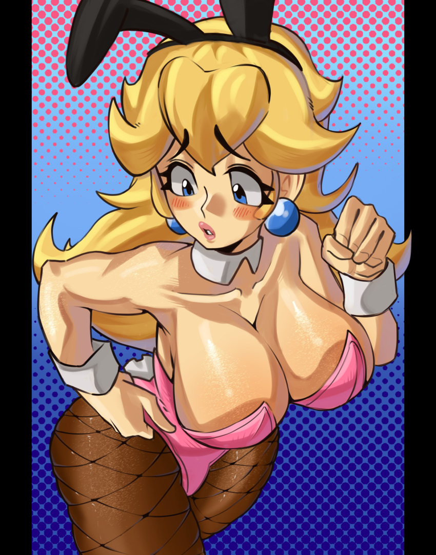 1girls blonde_hair blue_eyes breasts detached_collar earrings female fishnet_pantyhose fishnets jewelry large_breasts leotard mario_(series) moxydrawsmore nintendo pantyhose playboy_bunny princess_peach rabbit_ears solo wrist_cuffs