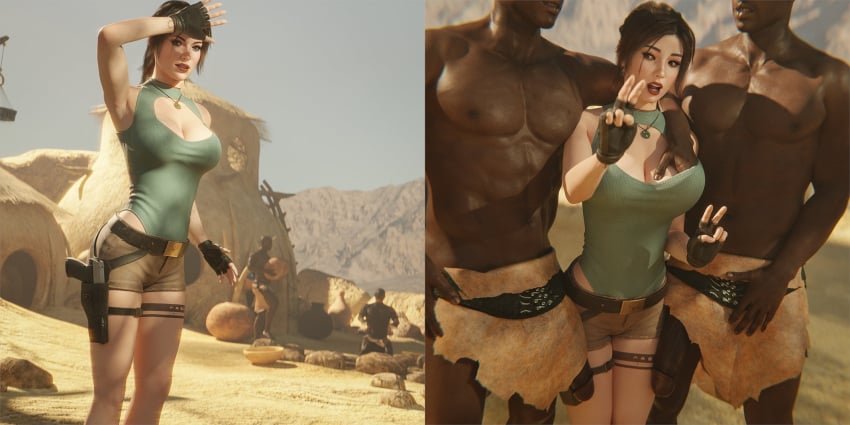 1girls 2boys 3d black_penis breast_grab busty currysfm dark-skinned_male female female_focus groping hourglass_figure interracial interracial_sex lara_croft light-skinned_female male peace_sign tagme tomb_raider tribal tribal_male wide_hips