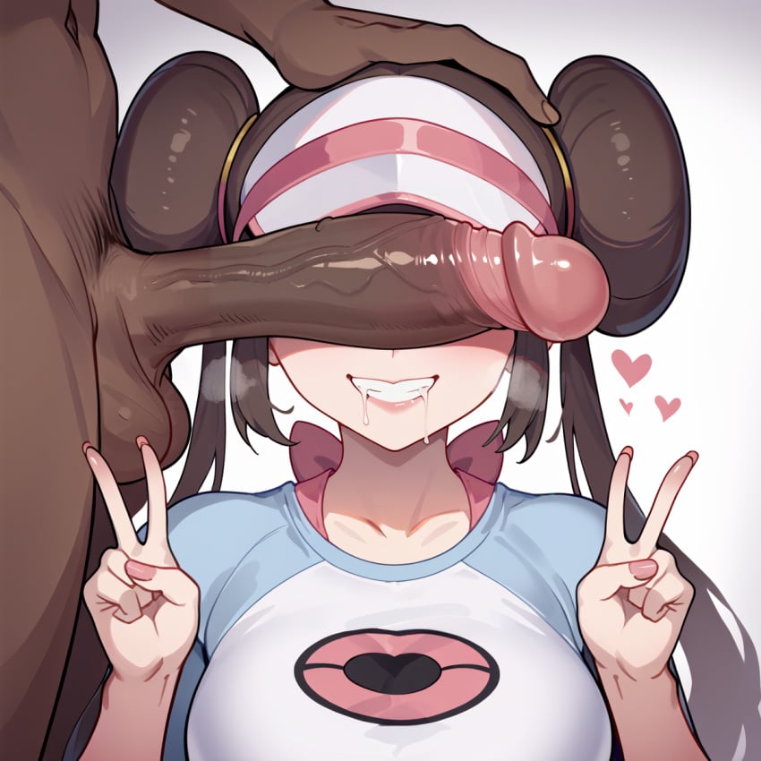 1boy ai_generated brown_hair cap dark-skinned_male double_bun double_v drooling female grin hand_on_head heart huge_cock long_hair pokemon pokemon_trainer rosa_(pokemon) saliva shirt solo_focus yummyart