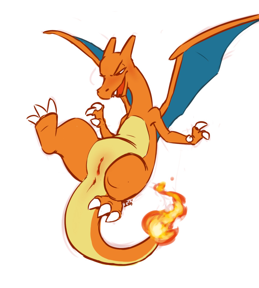 anus blush charizard claws dragon dragon_wings female feral fire flaming_tail half-closed_eyes ishoka nintendo pokémon_(species) pokemon pokemon_(species) pussy scalie simple_background solo video_games white_background wings