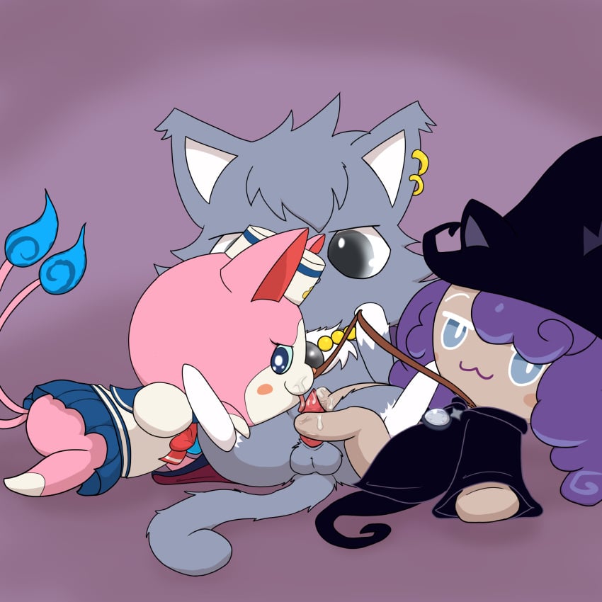 anthro cookie cookie_run crossover dian_(jewelpet) domestic_cat feet felid feline felis female food foot_fetish foot_play footjob fur genitals grey_body grey_fur group hi_res improbable_(artist) jewelpet jewelpet_(series) jewelpet_(species) level-5 licking looking_at_viewer magic_user male mammal oral penile penis penis_lick pink_body pink_fur sailor_uniform sailornyan sanrio sega sega_fave sega_toys sex tongue trait_connection trio witch witchberry_cookie yo-kai_watch young