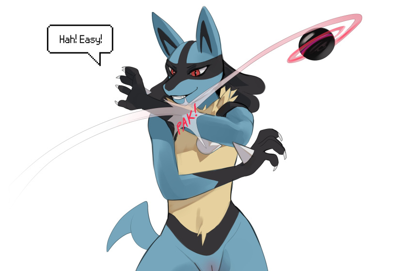 2024 andromorph anthro bassenji black_hands blue_body blue_fur chest_spike claws dialogue english_text fur generation_4_pokemon genitals grin hi_res intersex lucario nintendo pokeball pokemon pokemon_(species) portrait pussy red_eyes simple_background smile solo sound_effects speech_bubble spikes spikes_(anatomy) standing tan_body tan_fur text three-quarter_portrait white_background