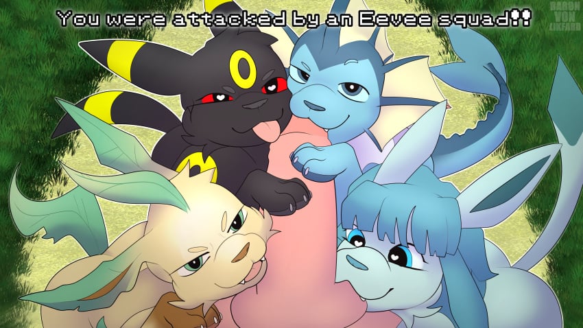 absurd_res anthro ass baronyifflikfard bite biting_balls biting_penis black_fur blue_body blue_eyes blue_fur eeveelution female feral feral_on_human generation_1_pokemon generation_2_pokemon generation_4_pokemon glaceon green_eyes group group_sex heart-shaped_pupils hi_res human_on_feral hybrid imminent_sex leafeon male male/female male_pov nintendo point_of_view pokemon pokemon_(species) pov pov_male public questionable_consent red_penis sex squad sticking_out_tongue sticking_tongue_out umbreon vaporeon