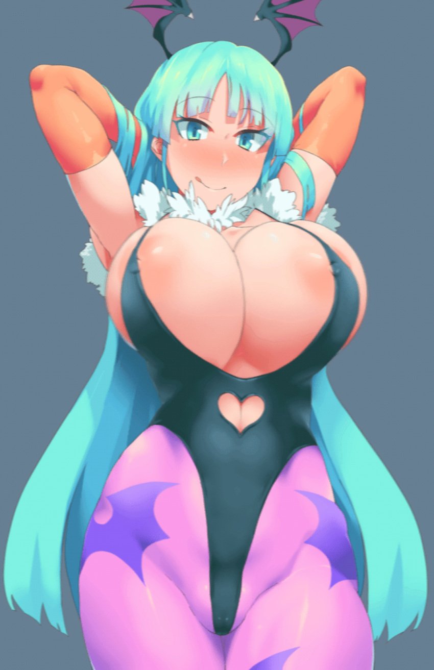 1girls :q animal_print animated aqua_eyes aqua_nails areola_slip areolae arms_behind_head arms_up bangs bare_shoulders bat_print bat_wings big_hair blue_eyes blue_hair blush breasts bridal_gauntlets bursting_breasts cameltoe cleavage closed_mouth clothing dancing darkstalkers demon_girl elbow_gloves erect_nipples erect_nipples_under_clothes female female_only from_behind gloves green_eyes green_hair grey_background head_wings heart_cutout high_resolution huge_breasts hybrid_animation large_breasts large_filesize leotard licking_lips long_hair looking_at_viewer minakami monster_girl morrigan_aensland nail_polish nipples no_bra pantyhose photoshop print_legwear purple_legwear simple_background smile solo spread_legs stroke_(animator) succubus tail tongue tongue_out topless wings