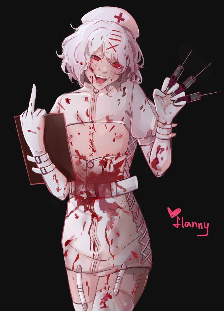 blood clothed crossdressing femboy gloves heart-shaped_pupils juuzou_suzuya nurse red_eyes solo solo_male trap white_hair