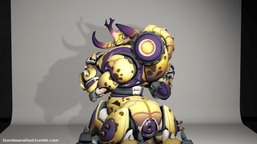 2017 3d absurd_res blizzard_entertainment female gondwanagod hi_res horn living_machine looking_at_viewer machine megasoma_orisa omnic orisa overwatch photoshoot presenting pussy robot sitting source_filmmaker taur video_games