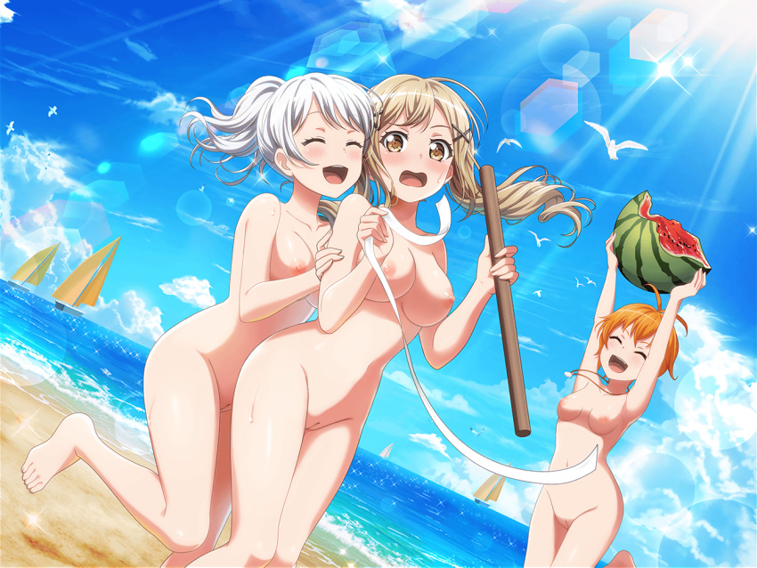 animal bang_dream! bird blonde_hair clouds food fruit group ichigaya_arisa kitazawa_hagumi long_hair nude orange_hair photoshop short_hair sky tagme_(artist) uncensored wakamiya_eve water watermelon white_hair yellow_eyes