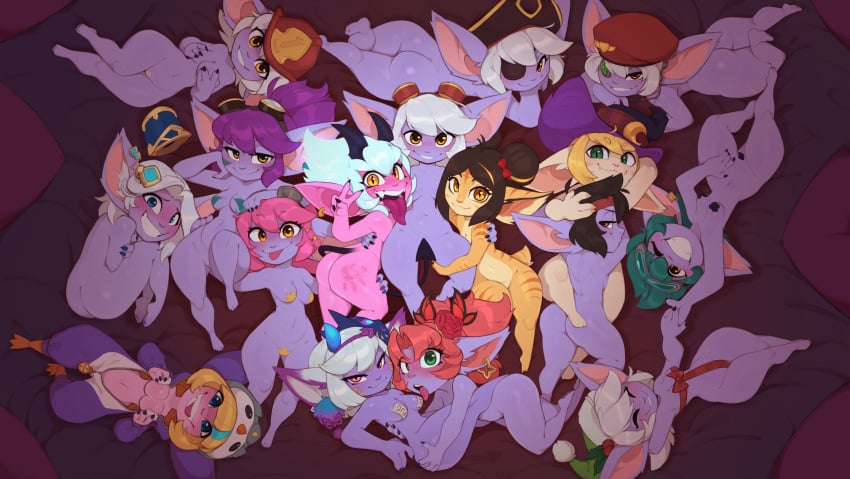 6+girls absurdres asymmetrical_docking bewitching_tristana black_hair breast_press breasts buccaneer_tristana colored_skin completely_nude cosplay demon_girl demon_horns dragon_trainer_tristana earnest_elf_tristana faerie_court_tristana firecracker_tristana firefighter_tristana from_above furry furry_female girl_sandwich goggles goggles_on_head grey_hair hat hextech_tristana highres horns huffslove kigurumi league_of_legends little_demon_tristana looking_at_viewer lying multiple_girls multiple_persona nipple_pasties nude official_alternate_costume official_alternate_hairstyle omega_squad_tristana on_back pengu_cosplay_tristana pink_skin pointy_ears purple_hair purple_skin pussy_pasty riot_girl_tristana rocket_girl_tristana sandwiched selfcest shortstack smile spirit_blossom_tristana take_your_pick tristana_(league_of_legends) wide_hips yordle yuri