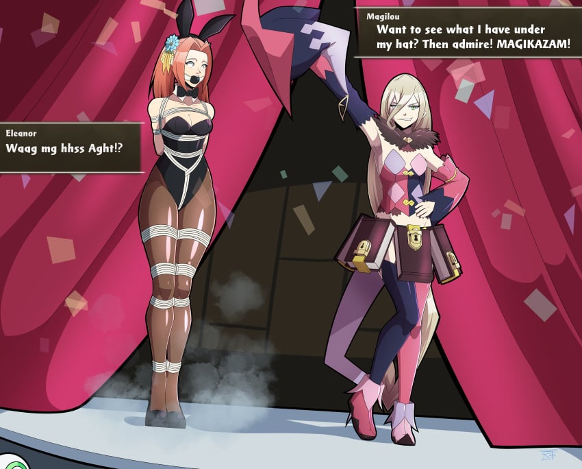 aceliuszid bondage bound bunny_ears bunny_girl bunnysuit cleavage eleanor_hume english_text female female_only femsub fully_clothed gag gagged gagged_speech magilou_(tales) png revealing_clothes rope tales_of_berseria text