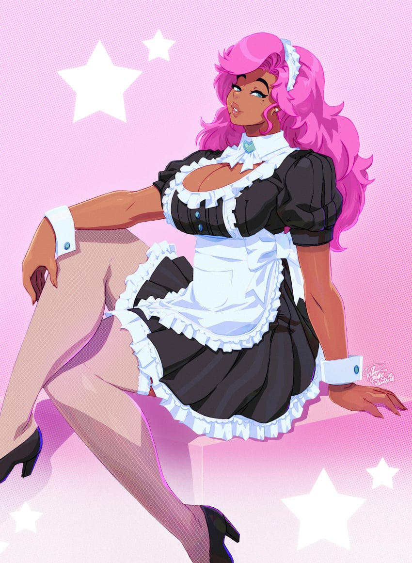 1girls 2024 blue_eyes cleavage_cutout crossed_legs dark-skinned_female dark_skin detached_collar female female_only fishnet_pantyhose heels hi_res indie_virtual_youtuber leaning_on_hand long_hair maid maid_uniform narrowed_eyes pink_hair sitting solo tovio_rogers virtual_youtuber white_pantyhose wrist_cuffs