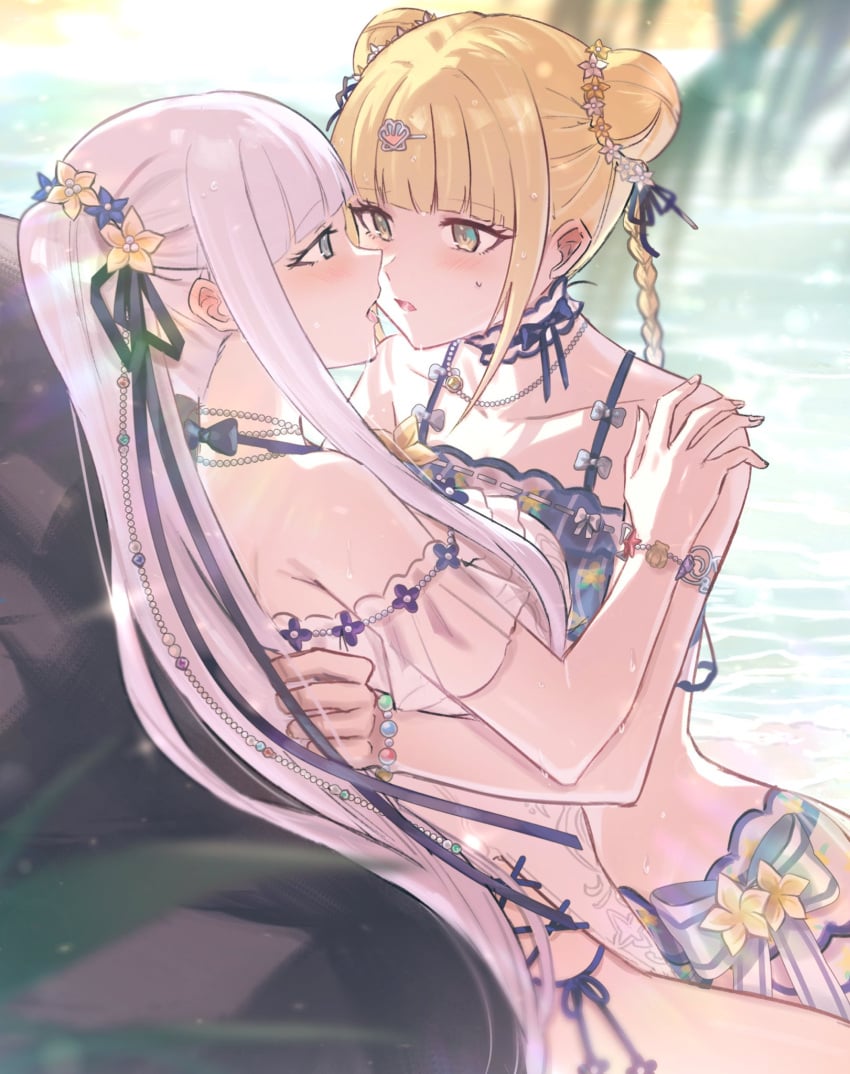 2girls after_kiss aoki_shizumi beach bikini blonde blonde_female blonde_hair blonde_hair_female blush d4dj female/female female_only fukushima_noa izumo_saki kissing lesbian outdoors pink_hair pink_hair_female rock swimsuit wet yuri