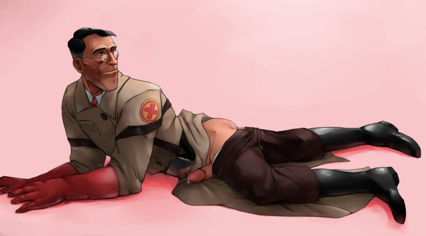 1boy 2d ass boots erection full_body glasses gloves human human_male human_only lying male male_focus male_only medic medic_(team_fortress_2) penis smile solo team_fortress_2 undressing yang yangpuppy