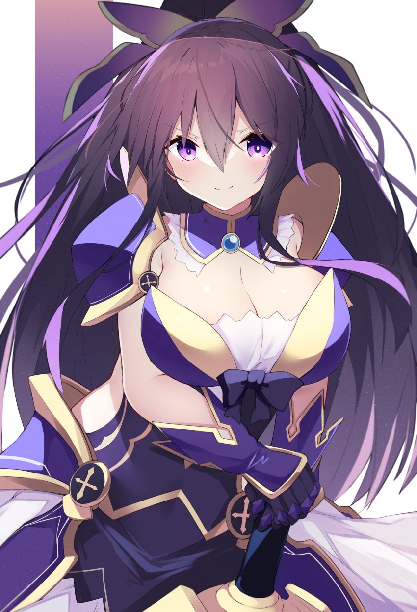 2d 2d_(artwork) armored_dress armored_female big_breasts breasts cleavage clothed date_a_live gloves jam(pixiv) light-skinned_female long_hair looking_at_viewer purple_eyes purple_hair ribbon solo solo_female solo_focus sword upper_body yatogami_tohka