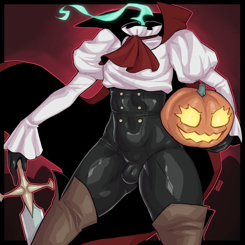 1boy american_mythology bulge clothing dullahan femboy halloween hi_res jack-o'-lantern literature loggus_doggus male male_only monster_femboy mythology no_humans non-human non-human_only north_american_mythology public_domain pumpkin solo sword thick_thighs