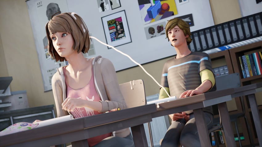 1boy 1girls 3d brown_hair classroom clothed_female clothing cum cum_in_hair cumshot ejaculation female indoors koomer life_is_strange male masturbation max_caulfield school sitting small_penis surprised_expression teen teenager voyeur voyeurism warren_graham watching wide_eyed