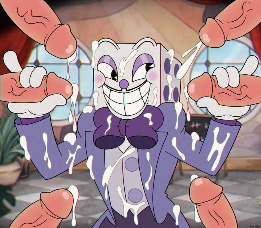 animate_inanimate bowtie bukkake clothed cum cum_covered cum_on_arms cum_on_chest cum_on_clothes cum_on_face cum_on_shoulders cum_on_upper_body cumdrip cuphead_(game) double_handjob facial gay king_dice kuruko male_only multiple_penises penis pinky_out smile suit veiny_penis