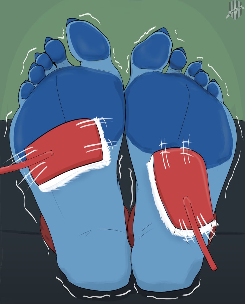 1boy anthro azura_(aimpunch) big_feet blue_fur bound clawed_toes feet foot_fetish furry hairbrush hi_res humanoid_feet motion_lines pawpads soles source stocks tickle_torture tickling toes trembling