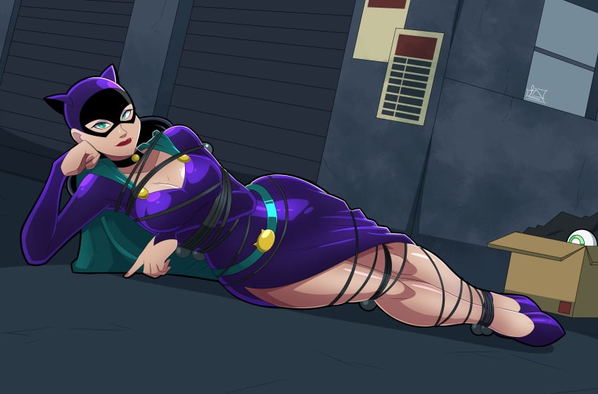 aceliuszid batman:_caped_crusader batman_(series) bondage bound catwoman choker cleavage dc_comics dress female female_only femsub fully_clothed mask masked png purple_clothing rope