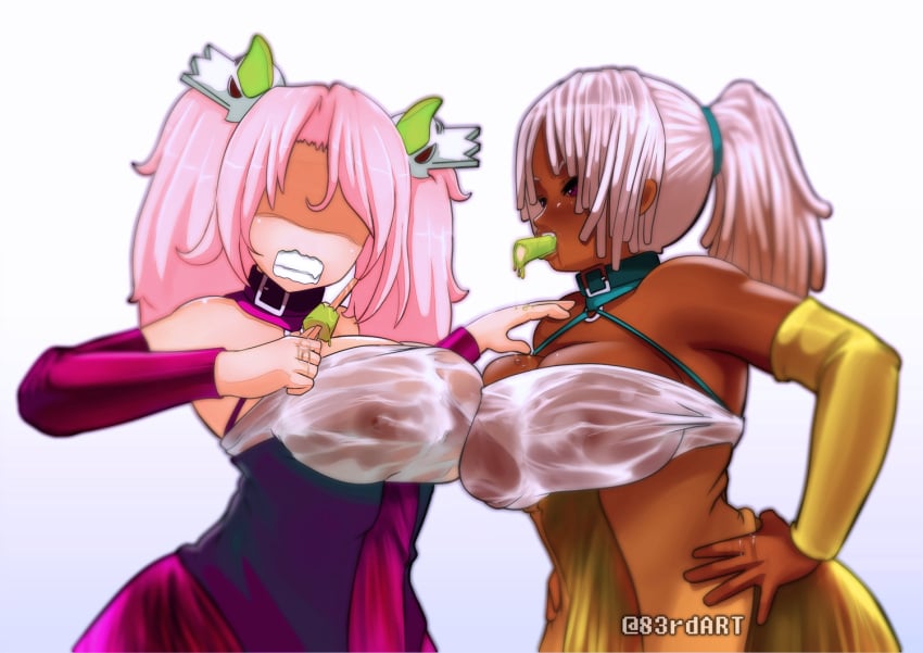 2girls 83rdart asymmetrical_docking blonde_hair breast_contest breast_press breasts catfight choker cleavage dark-skinned_female dark_skin dreadlocks kissing large_breasts multiple_girls pink_hair ponytail twintails wet wet_clothes yuri