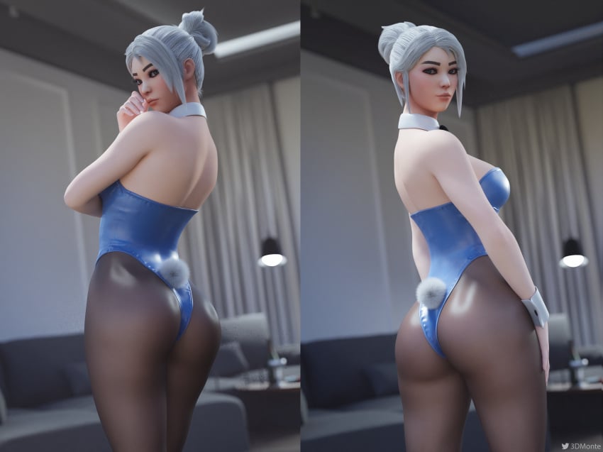 3d 3dmonte ass_focus blue_eyes bodysuit bunny_tail bunnysuit collar female_focus jett_(valorant) looking_away nylons pantyhose solo_female thick_thighs valorant white_hair