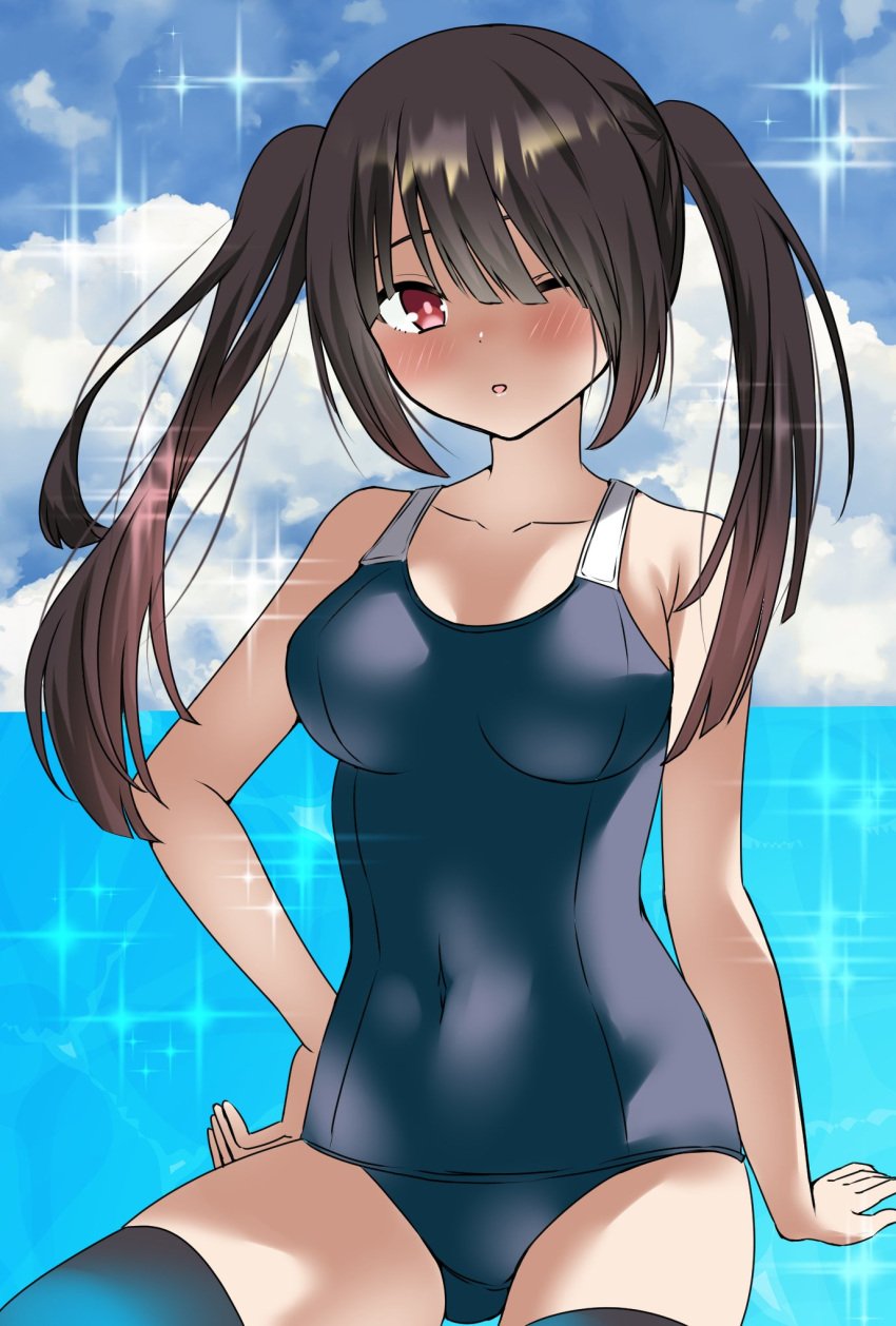 2d 2d_(artwork) black_hair blush breasts date_a_live heterochromia light-skinned_female long_hair red_eyes solo solo_female swimsuit swimwear thighs tokisaki_kurumi twintails wink