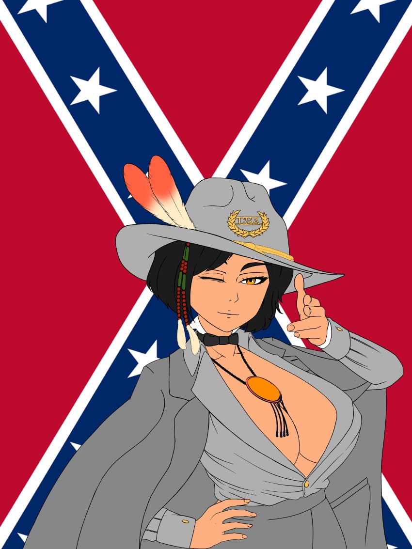 1girls american_civil_war cleavage confederate_flag huge_breasts military_uniform native_american native_american_female native_american_headdress pinup politics