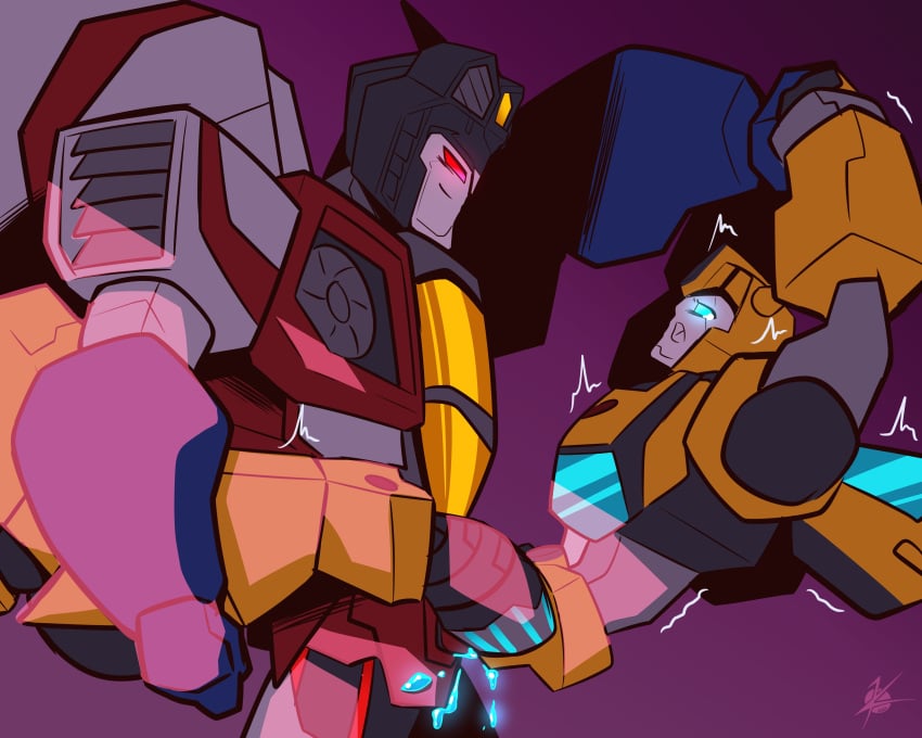 bound bumblebee_(transformers) cum cum_in_ass cum_in_pussy cum_inside cybertronian dim_lighting duo ejaculation gay heart_symbol holding_arms holding_legs kusakichan15 male/male robot size_difference starscream surprised_expression transformers