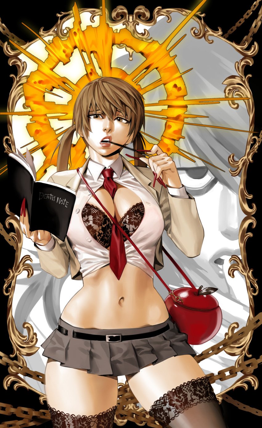 bimbo bimbofied collared_shirt death_note death_note_(object) lacryboy lacy_bra lacy_thighhighs large_breasts light_yagami long_nails microskirt miniskirt necktie necktie_between_breasts pocky_in_mouth rule_63 skimpy_clothes stockings thigh_socks thighhighs tight_clothing twintails