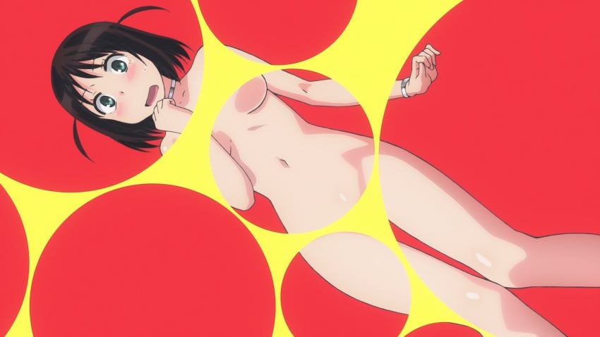 binkan-chan blush brown_hair bubble_filter censored choker completely_nude completely_nude_female convenient_censoring female genco green_eyes high_resolution j.c._staff looking_at_viewer mound_of_venus naked navel nude nude_female screen_capture shimoneta_to_iu_gainen_ga_sonzai_shinai_taikutsu_na_sekai short_hair simple_background solo