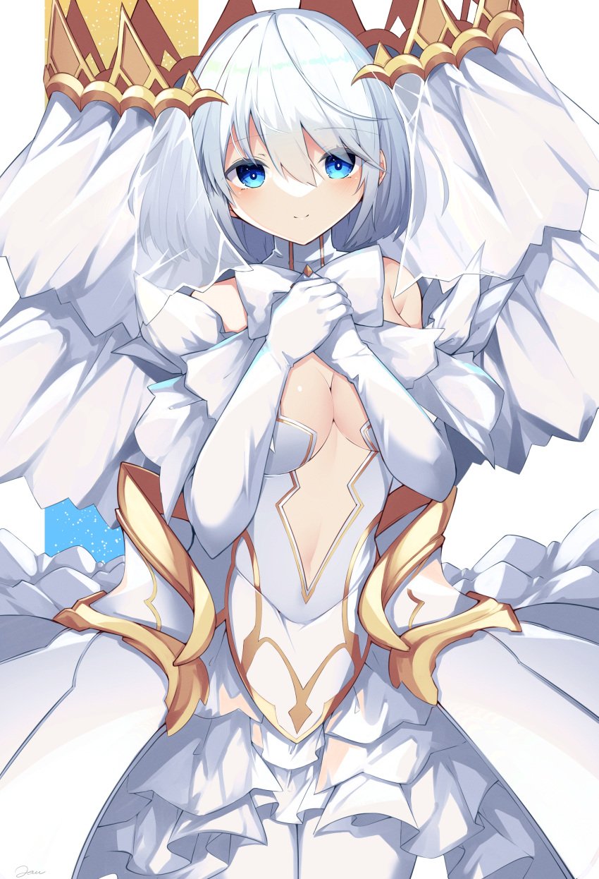 2d 2d_(artwork) aureola belly belly_button blue_eyes breasts cleavage date_a_live dress gloves jam(pixiv) light-skinned_female looking_at_viewer medium_breasts open_clothes short_hair solo solo_female tobiichi_origami white_hair