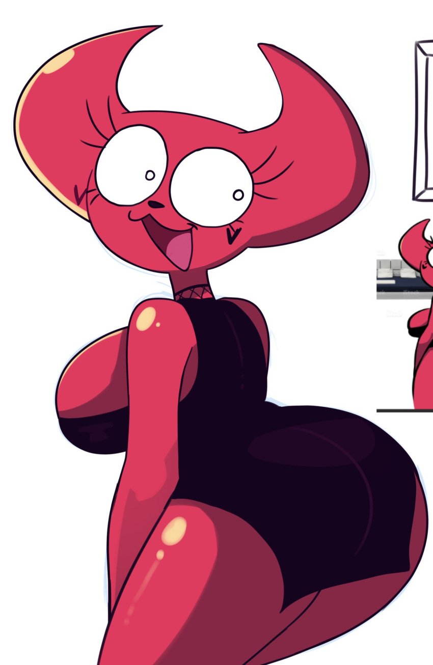 :3 barely_covered big_ass big_breasts big_butt big_eyes big_thighs black_dress cat_mouth cleavage crackers_(qwerty_soda) cute cute_face cute_girl demon demon_girl demon_horns dress eyelashes heart massive_ass qwerty_soda red_body red_skin simple simple_face tagme thick_ass thick_thighs thighs