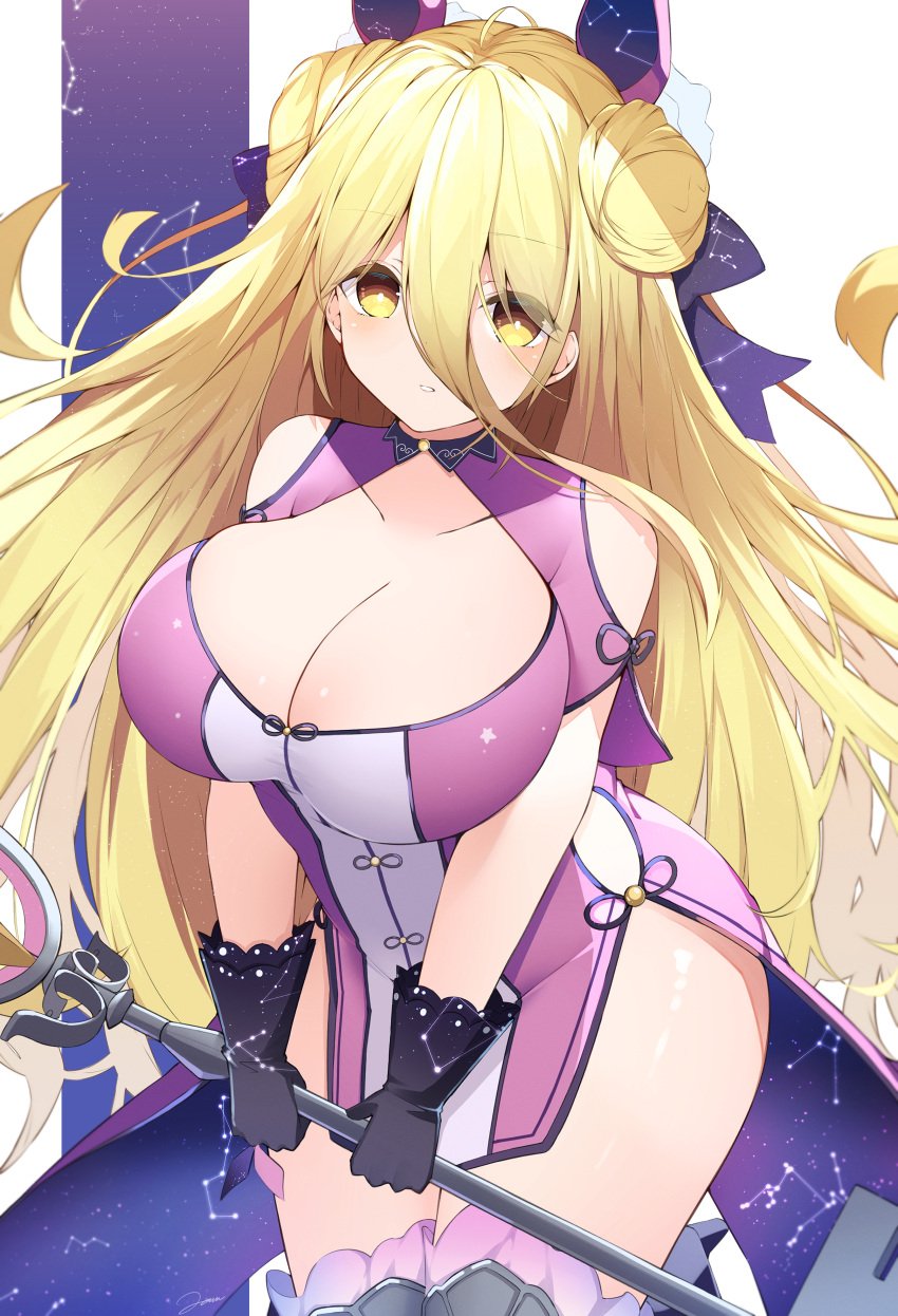 2d 2d_(artwork) ass big_breasts big_butt blonde_hair breasts china_dress cleavage clothed date_a_live dress gloves hoshimiya_mukuro jam(pixiv) light-skinned_female long_hair sideass solo solo_female thighs yellow_eyes